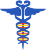 Caduceus symbol with colorful DNA strand.